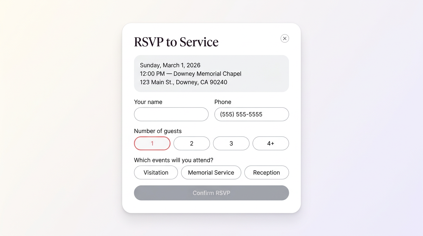 RSVP to Service: event date, time, venue, guest details, and which services guests plan to attend