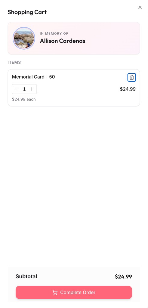 In-app checkout and order summary for memorial products