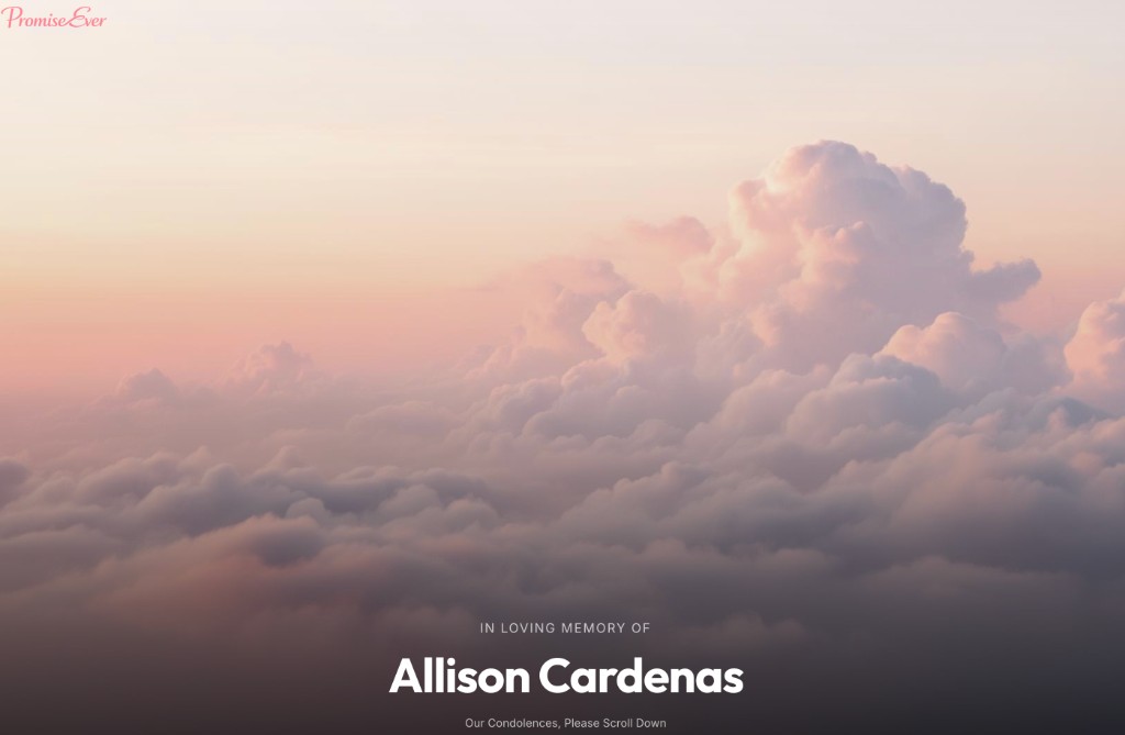 Memorial tribute page hero with photo, service details, and guestbook