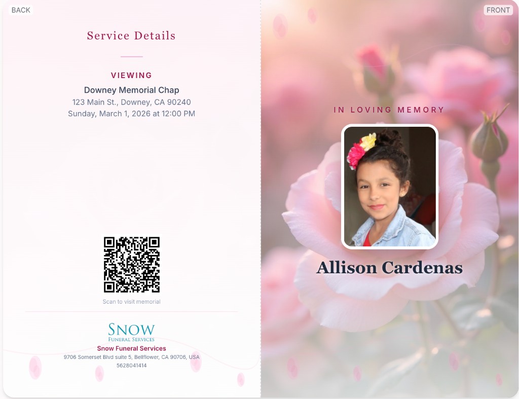 Print-ready memorial prayer card layout preview